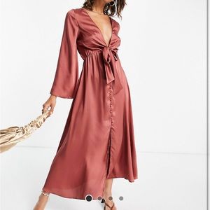 Tue front satin midi dress in rust color